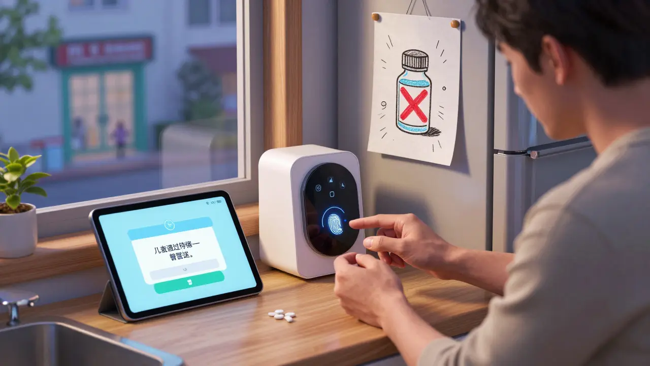 Father using fingerprint lock to dispense medicine, digital alert on tablet, child's drawing on fridge.