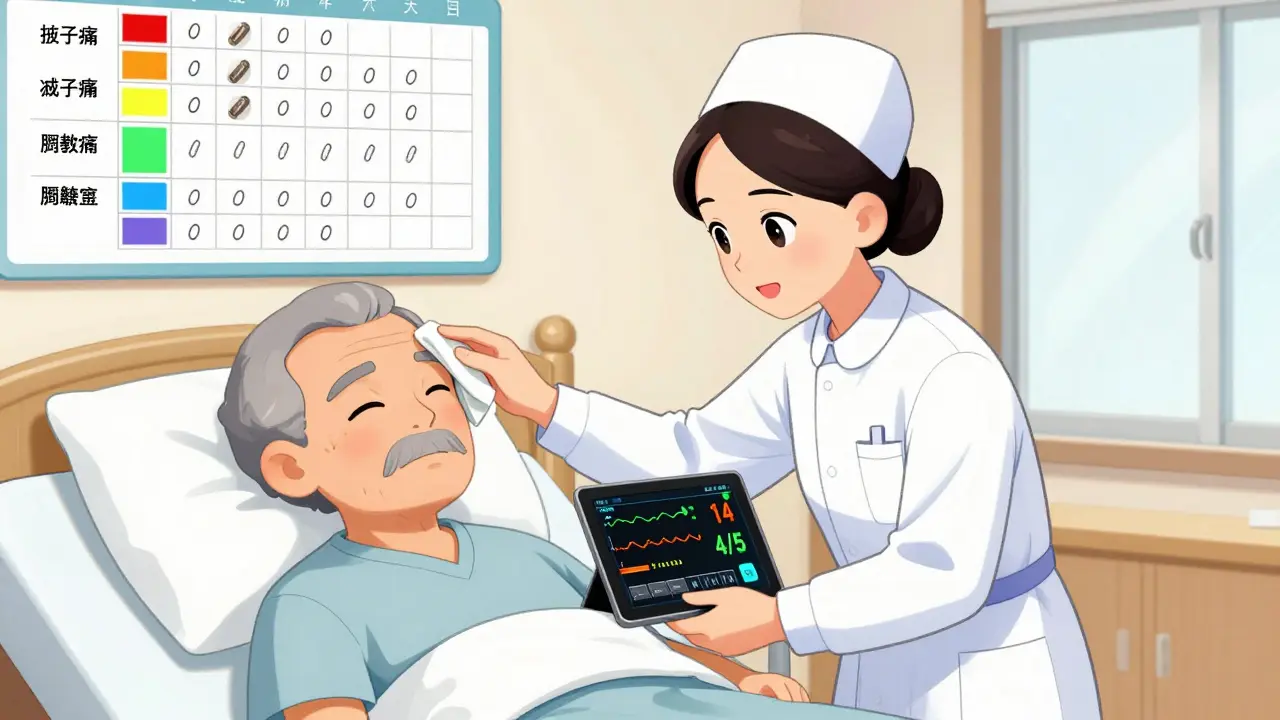 Hospice nurse gently caring for patient, monitoring vitals on tablet, daily symptom logs visible on wall chart.