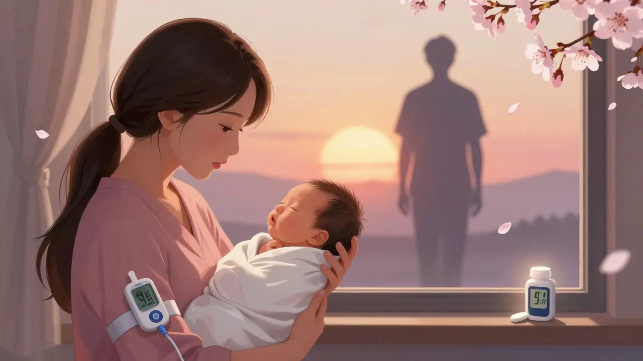 Newborn held by mother with fading diabetes tools, symbolizing postpartum health risk