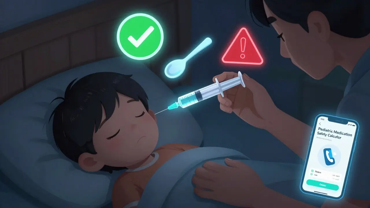 Parent using oral syringe to give child medicine at night, with warning icons and safety app visible.