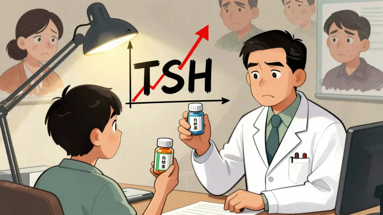 Patient comparing two pill brands while a TSH graph spikes erratically in the background.
