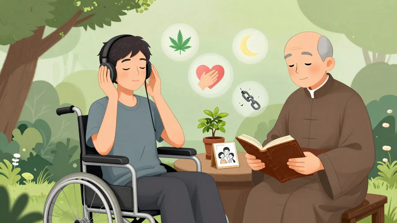 Patient in wheelchair listening to music in garden, chaplain reading nearby, symbols of holistic care floating around.