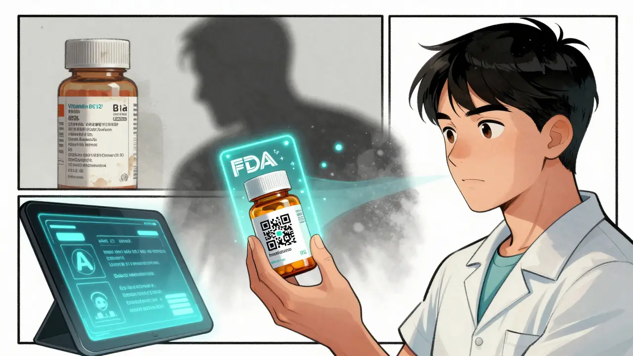 Patient scanning a QR code on a pill bottle that projects a holographic FDA-approved safety warning into the air.