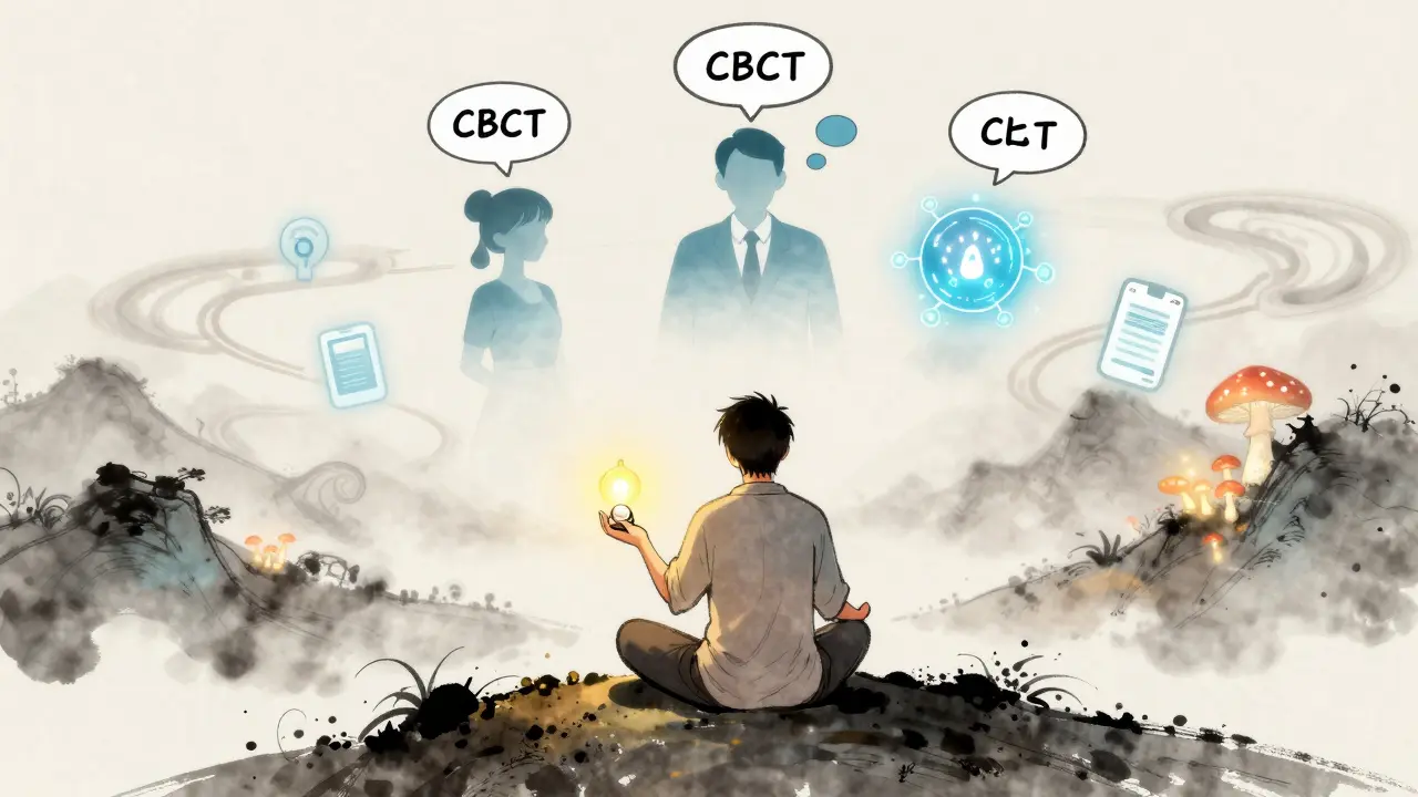 Person meditating with an SNRI pill as a lantern, surrounded by symbols of therapy, apps, and psilocybin in misty dawn light.