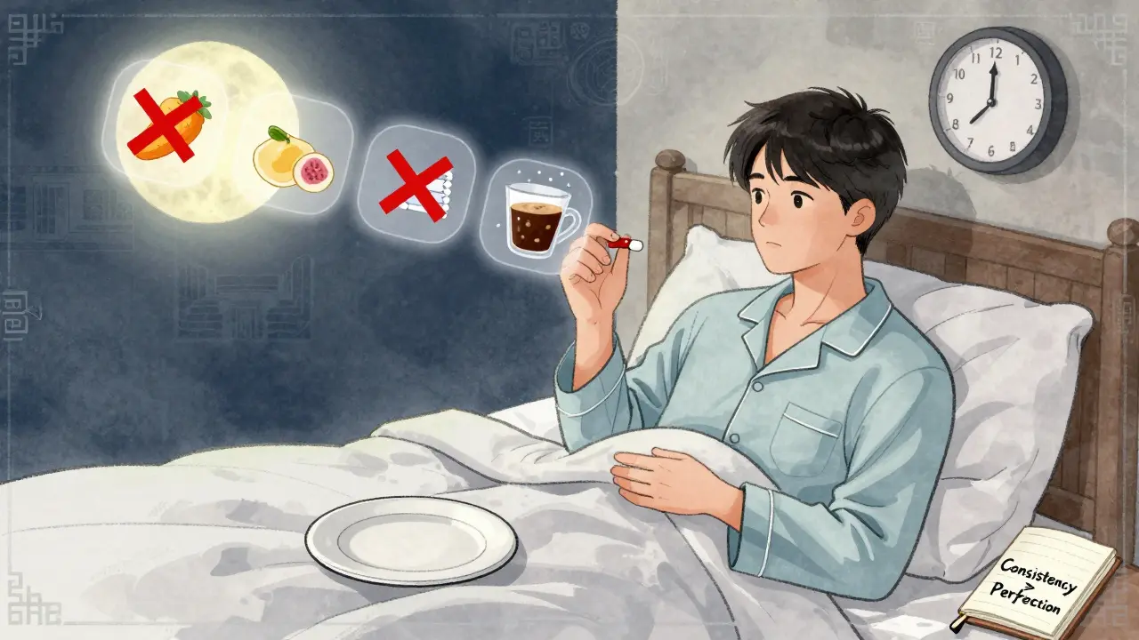 Person takes thyroid medication at night with no food nearby, under moonlight in a calm bedroom.