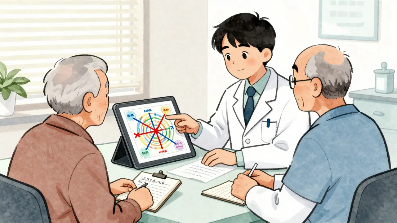 Pharmacist and senior reviewing a medication map together at a clinic, pointing at risky drugs with red Xs.