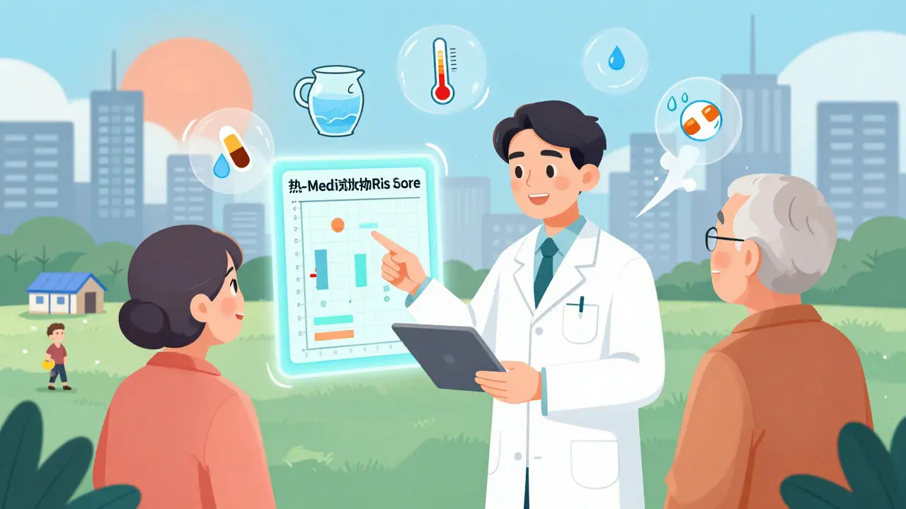 Pharmacist showing heat-medication risk chart to an older couple, floating icons of dangerous drugs around them.
