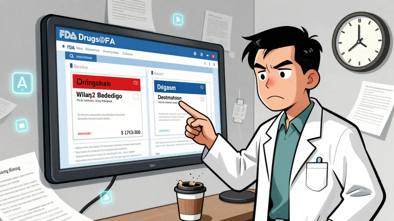 Pharmacist staring at a digital screen showing outdated vs updated drug labels, with a ticking clock and regulatory documents around.