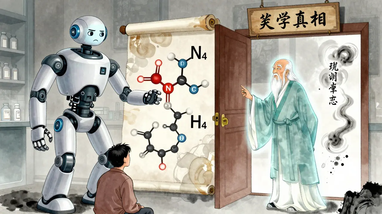 Pharmacy robot blocked by wise herbalist revealing true chemistry of sulfa drugs.