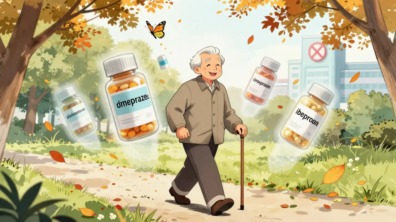 Senior walking happily in a park as old pill bottles dissolve into butterflies behind them.