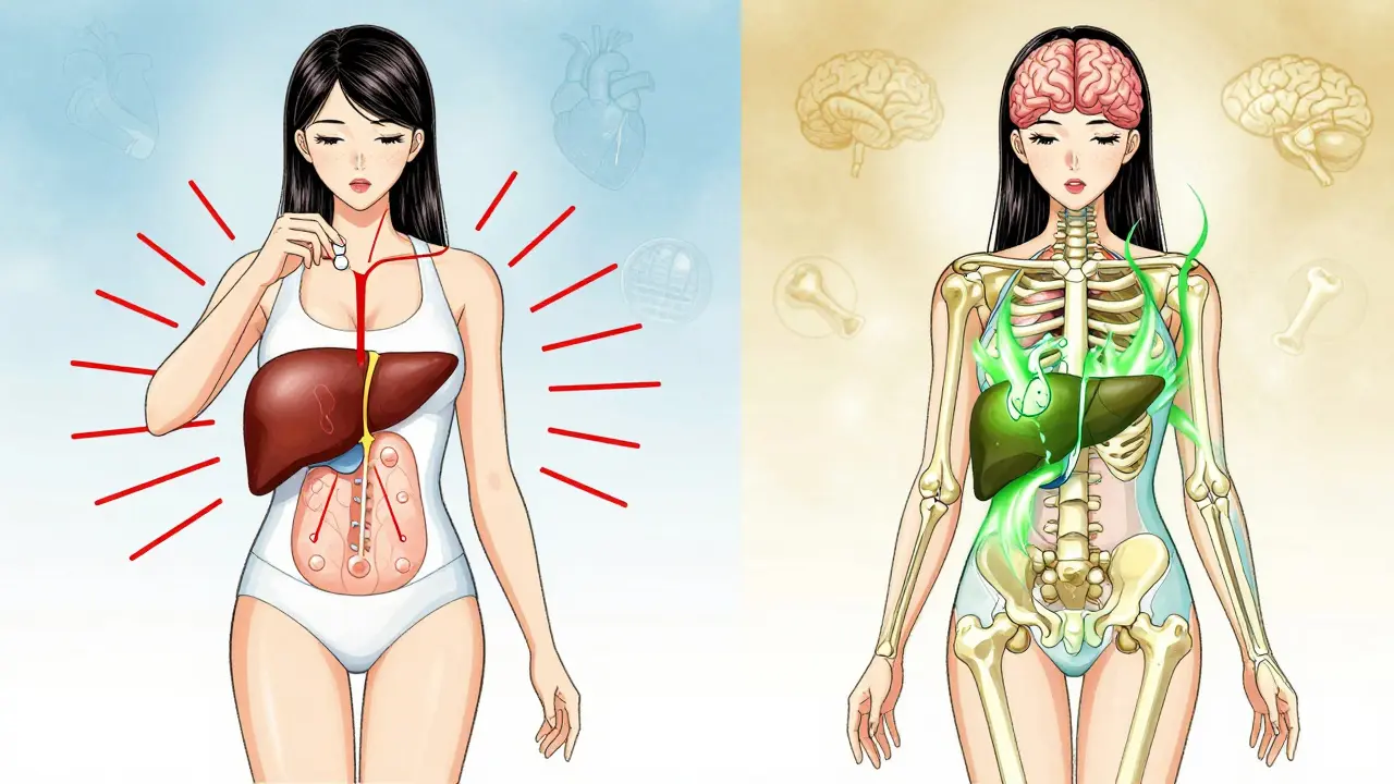Split illustration comparing oral HRT risks with transdermal patch safety benefits.