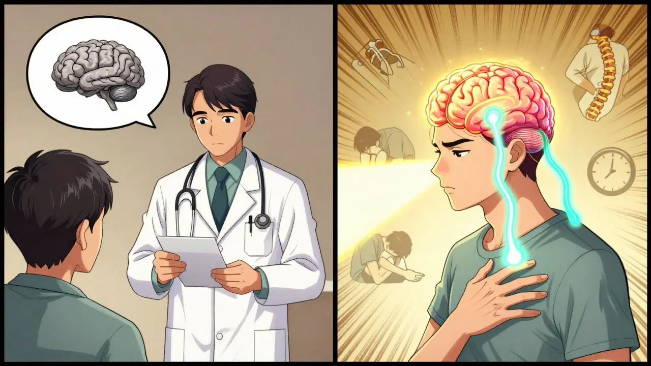 Split scene: a dull brain turning into a glowing one as two chemical streams flow in, with icons of pain and focus.