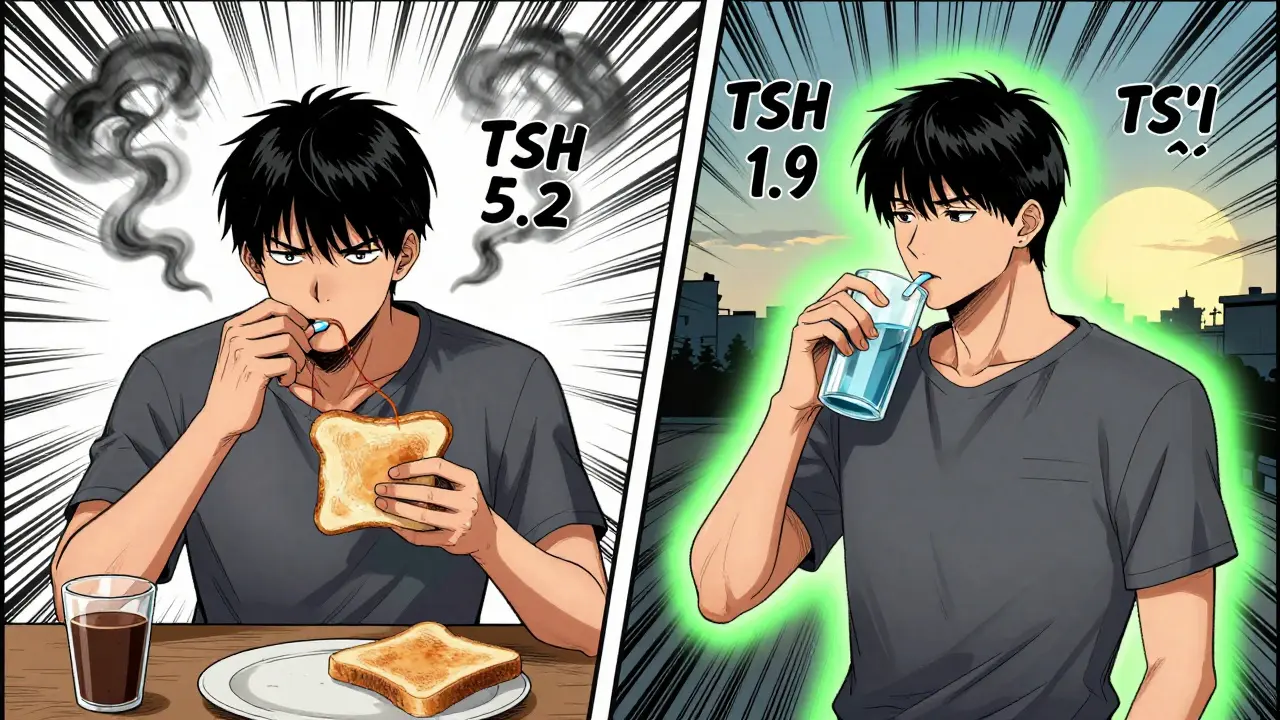 Split scene comparing poor and proper levothyroxine timing with TSH levels shown visually.