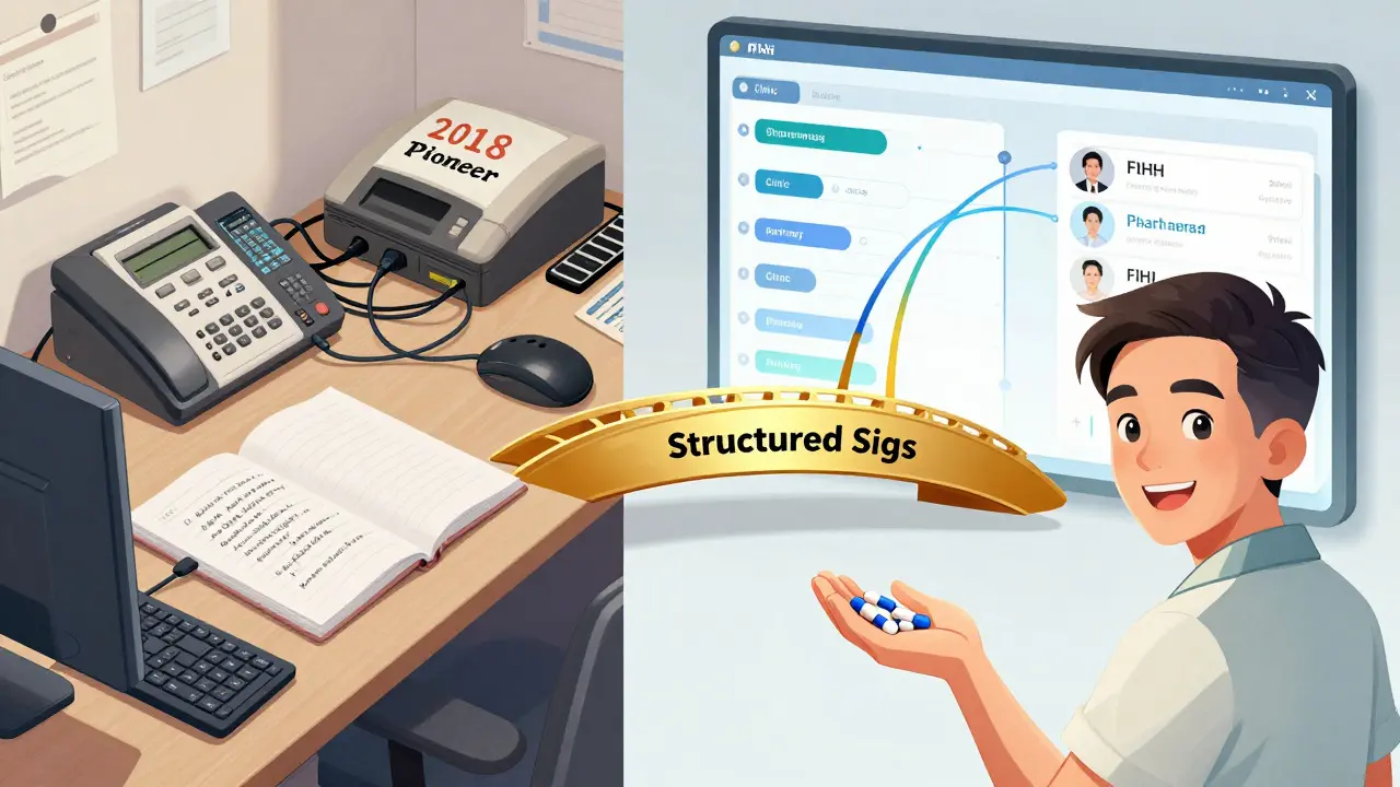 Split scene: messy old systems vs. sleek FHIR-connected digital dashboard with bridge labeled 'Structured Sigs'.