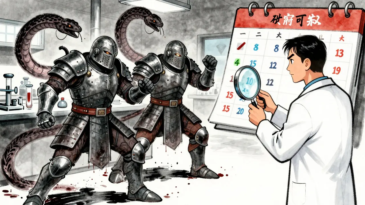 Three mood stabilizers as warriors in a lab, with toxic metabolite serpent and psychiatrist monitoring weekly blood tests.