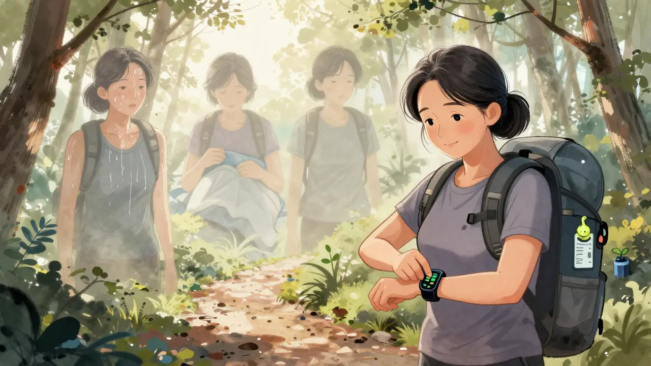 Woman hiking confidently, with ghost images of her past menopause struggles behind her.