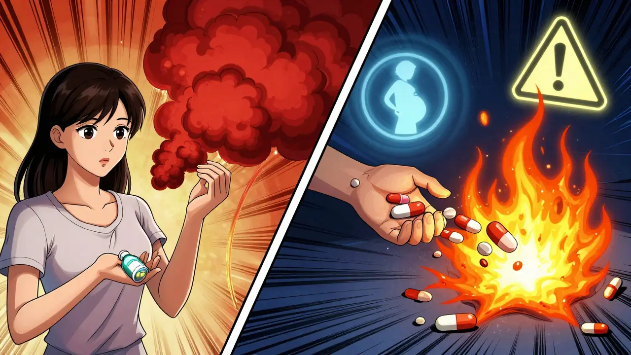 Woman taking valproate and lamotrigine as drug levels double, with carbamazepine burning away valproate and a pregnancy warning in background.