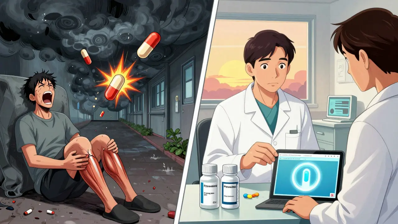 A dramatic split scene showing dangerous statin interactions on one side and safe choices with HIV meds on the other.