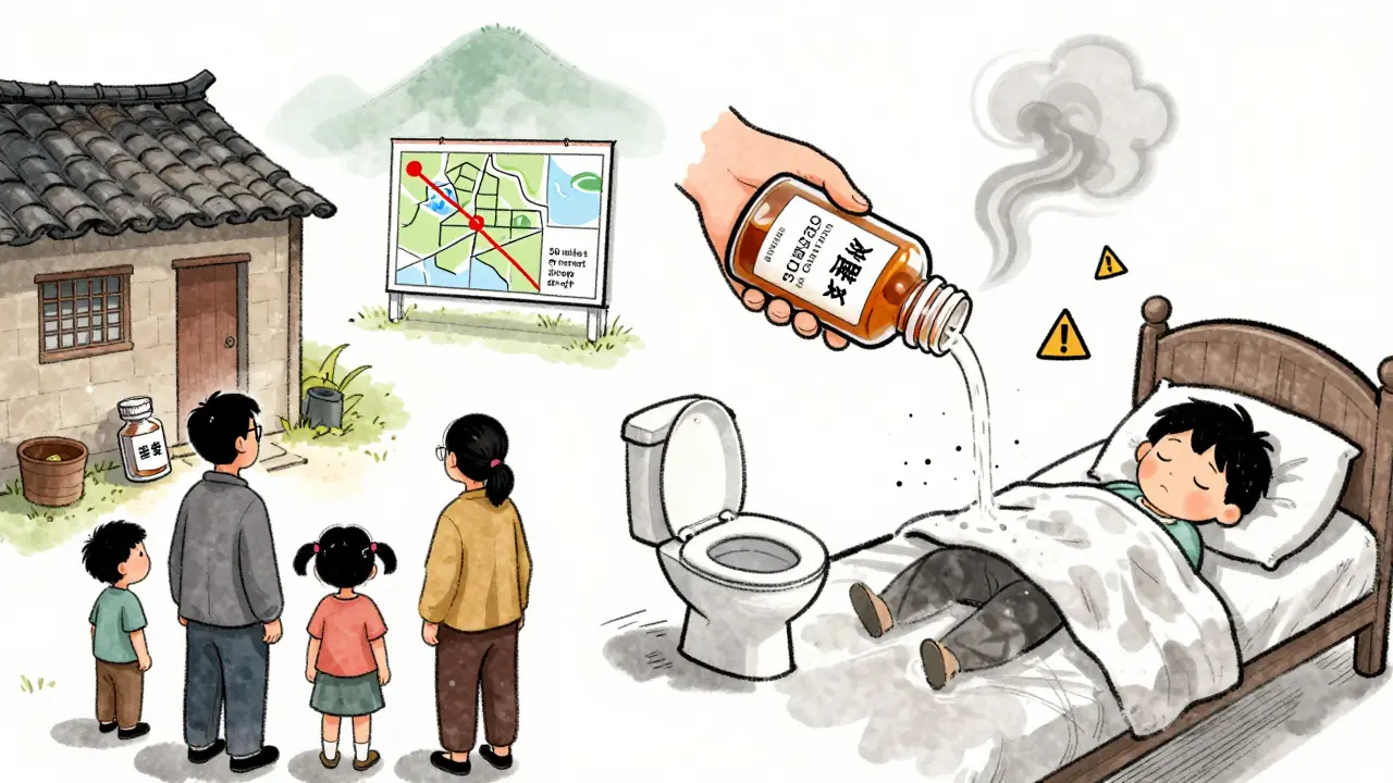 A family in a rural home decides to flush a dangerous medication after seeing how far the nearest drop-off site is.