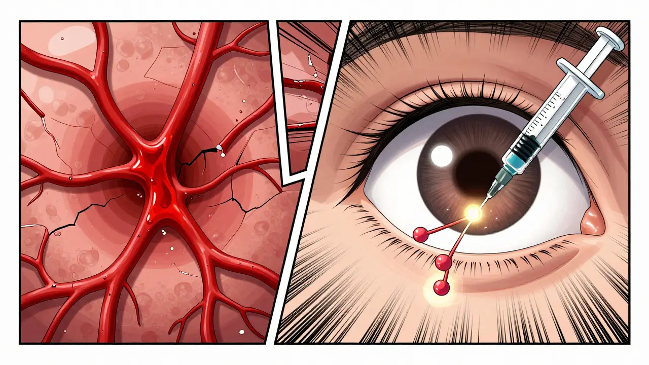 A medical illustration showing abnormal blood vessels leaking into the retina while an anti-VEGF injection neutralizes them.