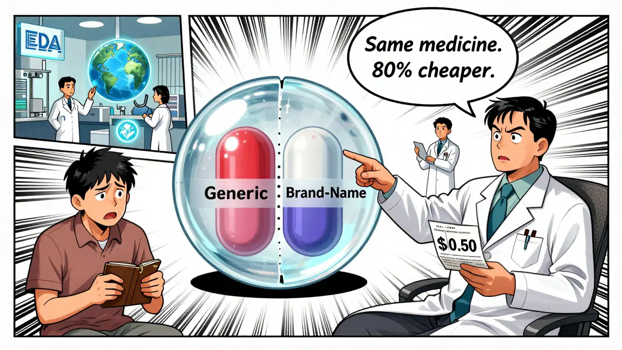 A pharmacist explains how generic and brand-name pills have identical inner chemical structures inside a transparent pill.