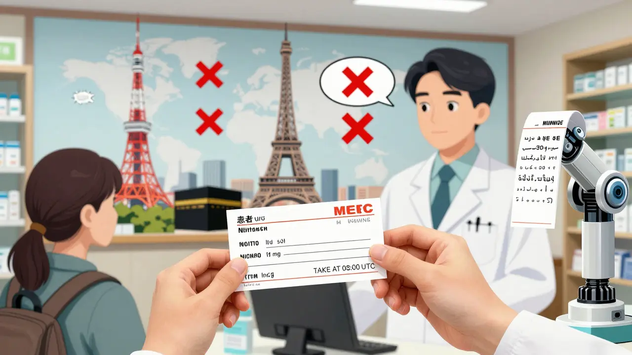 A pharmacist handing a custom prescription label with UTC times and international drug names to a traveler in a pharmacy.