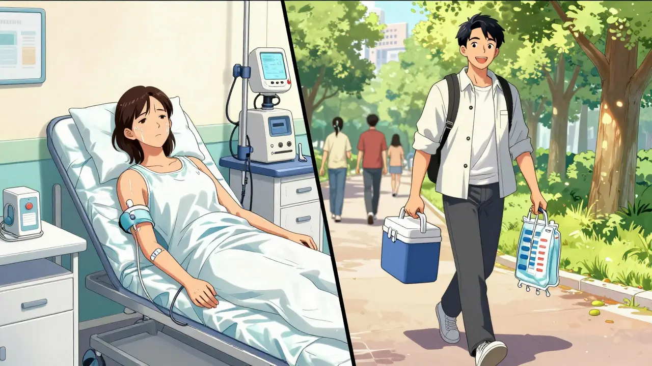 A split scene showing an exhausted patient on hemodialysis vs. a confident patient walking freely with dialysis supplies.