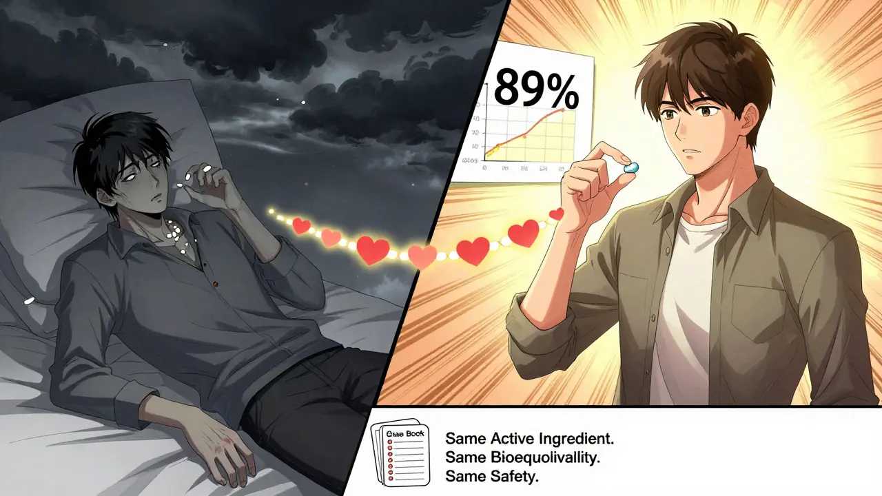 A split scene shows a patient improving health by switching from skipping brand-name pills to consistently taking generics.