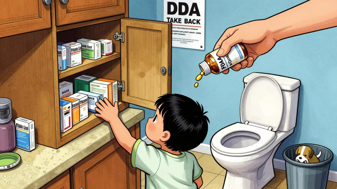 A toddler reaches for medicine in an open cabinet as a hand flushes a dangerous pill down the toilet.