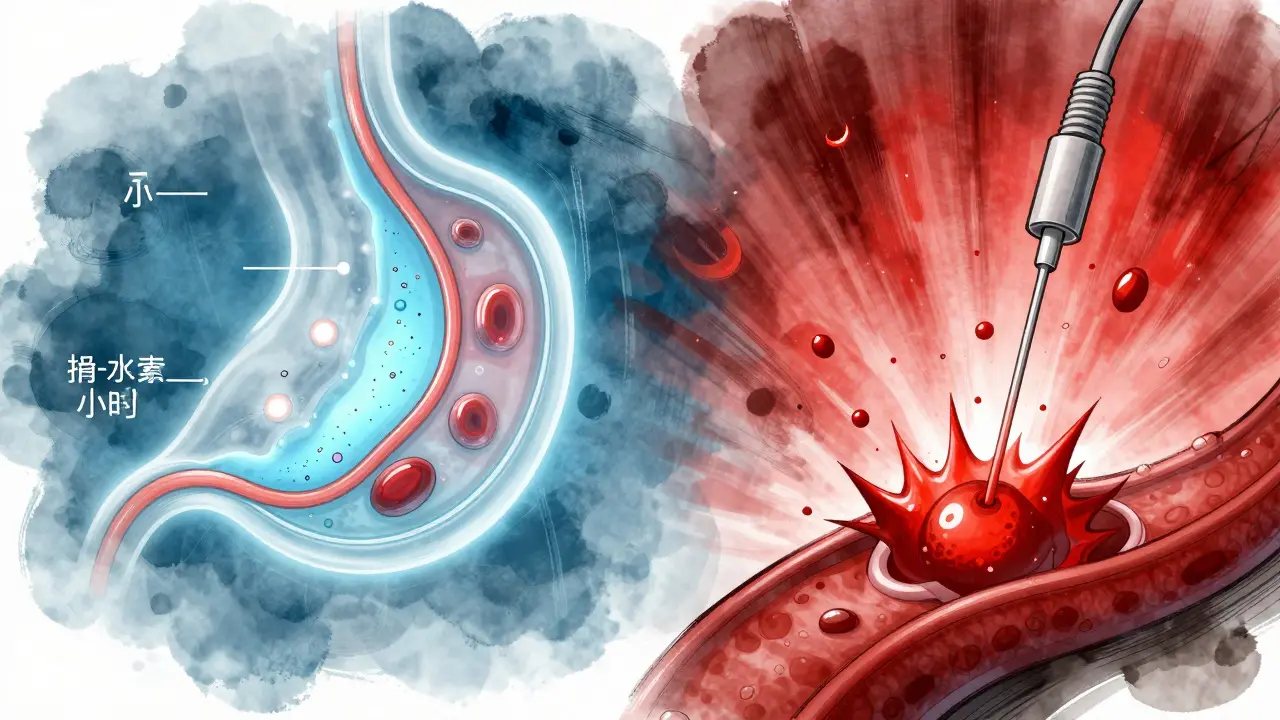 A transparent human abdomen illustrating slow peritoneal dialysis versus rapid hemodialysis, with contrasting color effects.