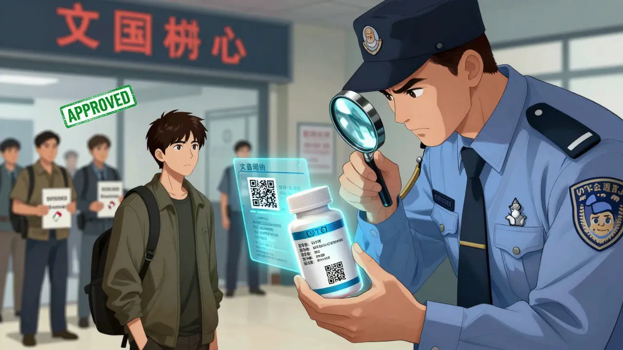 A traveler at customs with a prescription label that glows with UTC time and multilingual text, while others are detained with mismatched labels.