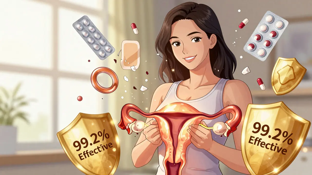 A woman receives a copper IUD with protective shields, as other contraceptive methods shatter around her.