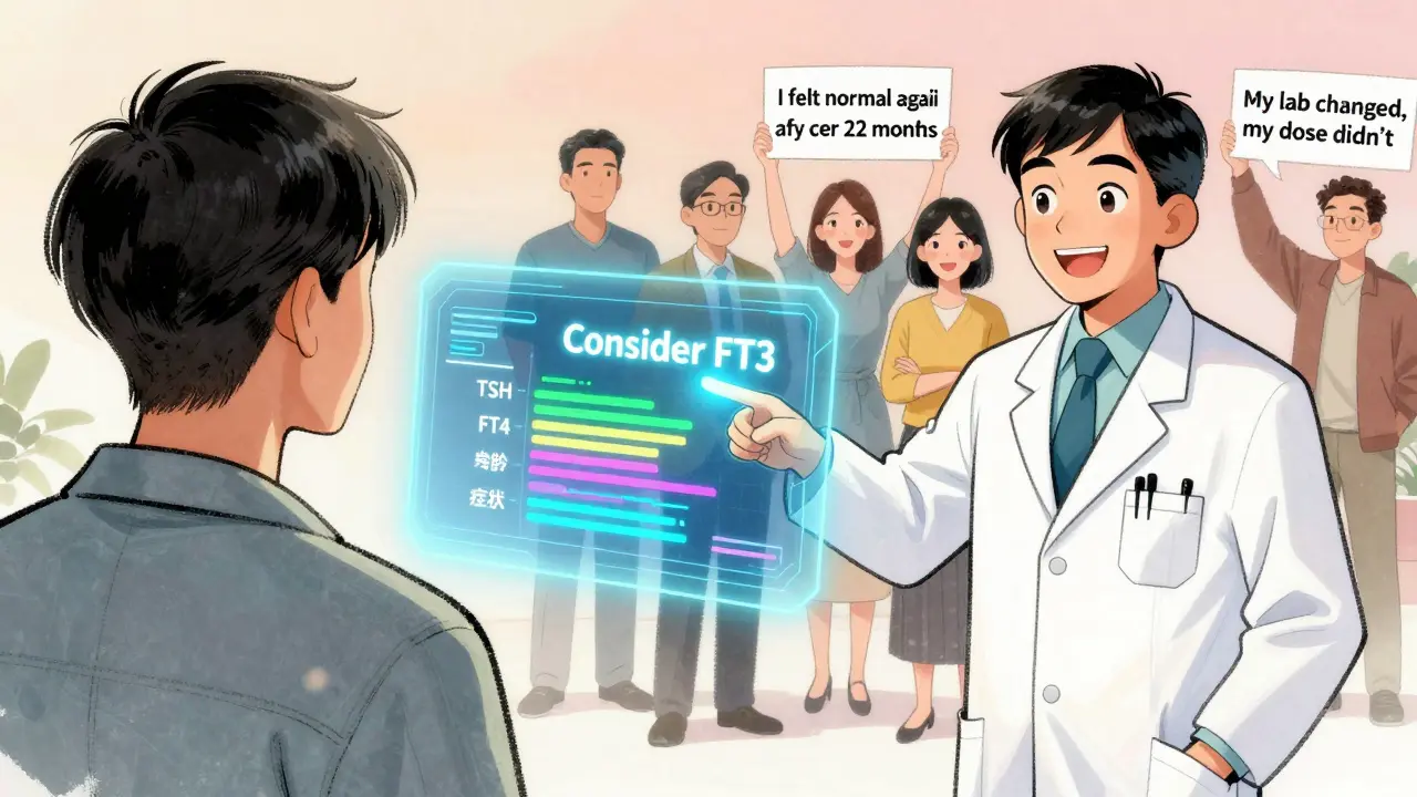 An AI analyzes thyroid data above a patient as a doctor recommends FT3 testing, in Chinese manhua style.