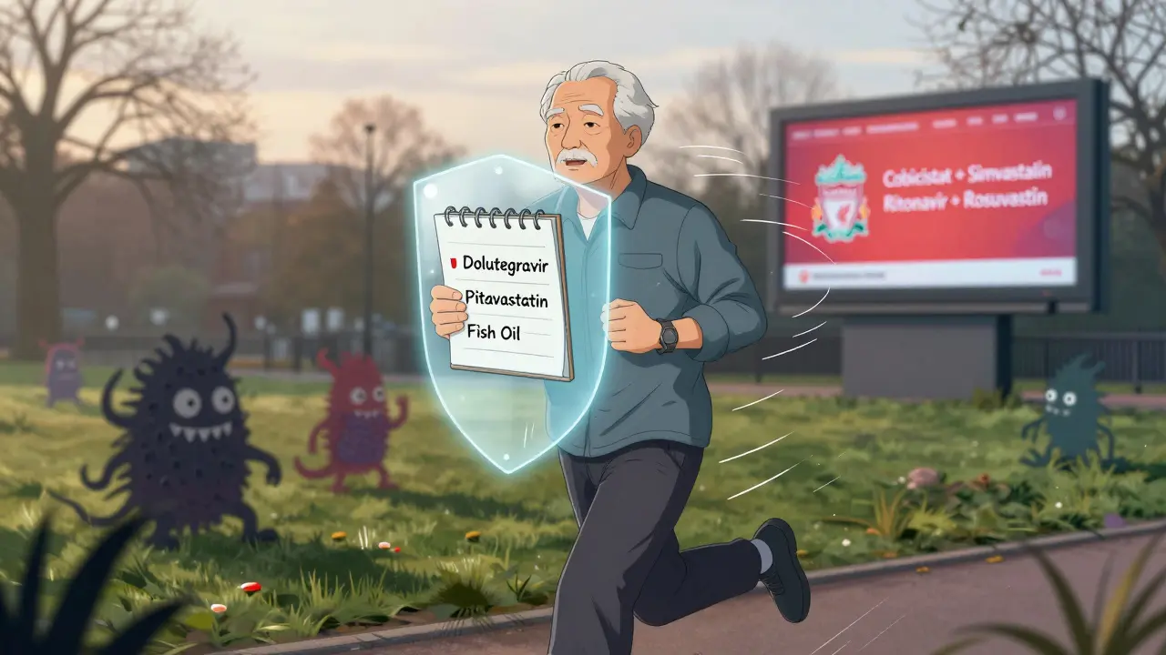 An elderly man with HIV jogging peacefully, protected by safe medications while dangerous drug interactions fade behind him.