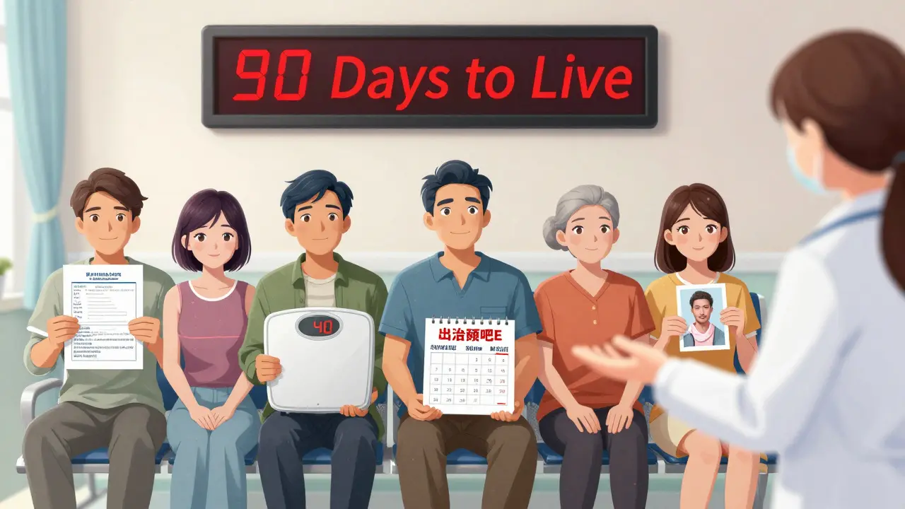 Diverse patients in waiting room facing different barriers, coordinator offering support.