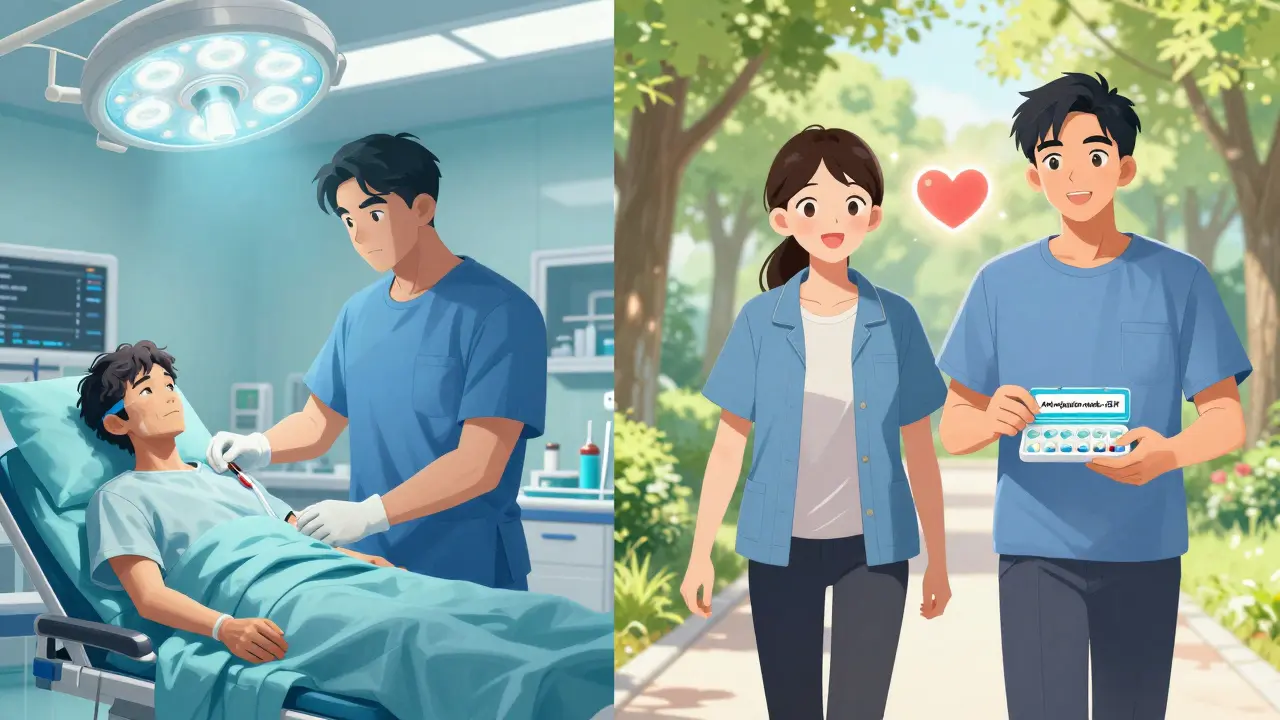 Donor and recipient reunited in health, one donating kidney, both smiling in sunlight.