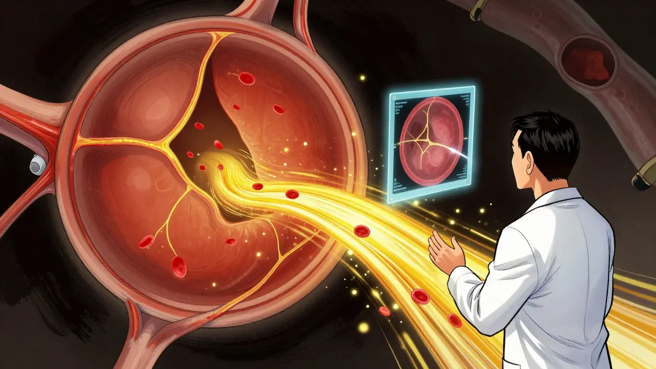 Golden dye flows through retinal blood vessels like a luminous river, revealing leaks and blockages in a dramatic medical illustration.