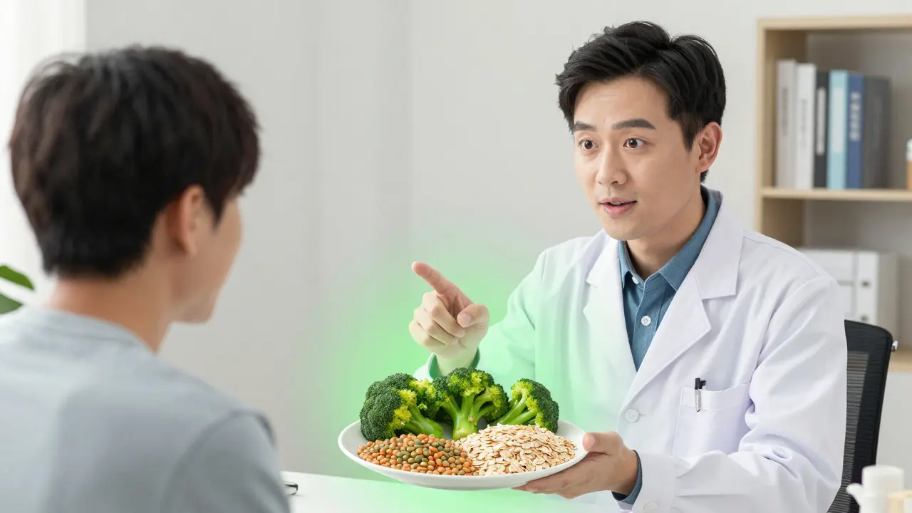 Nutritionist points to lentils and veggies, calm aura, manhua style