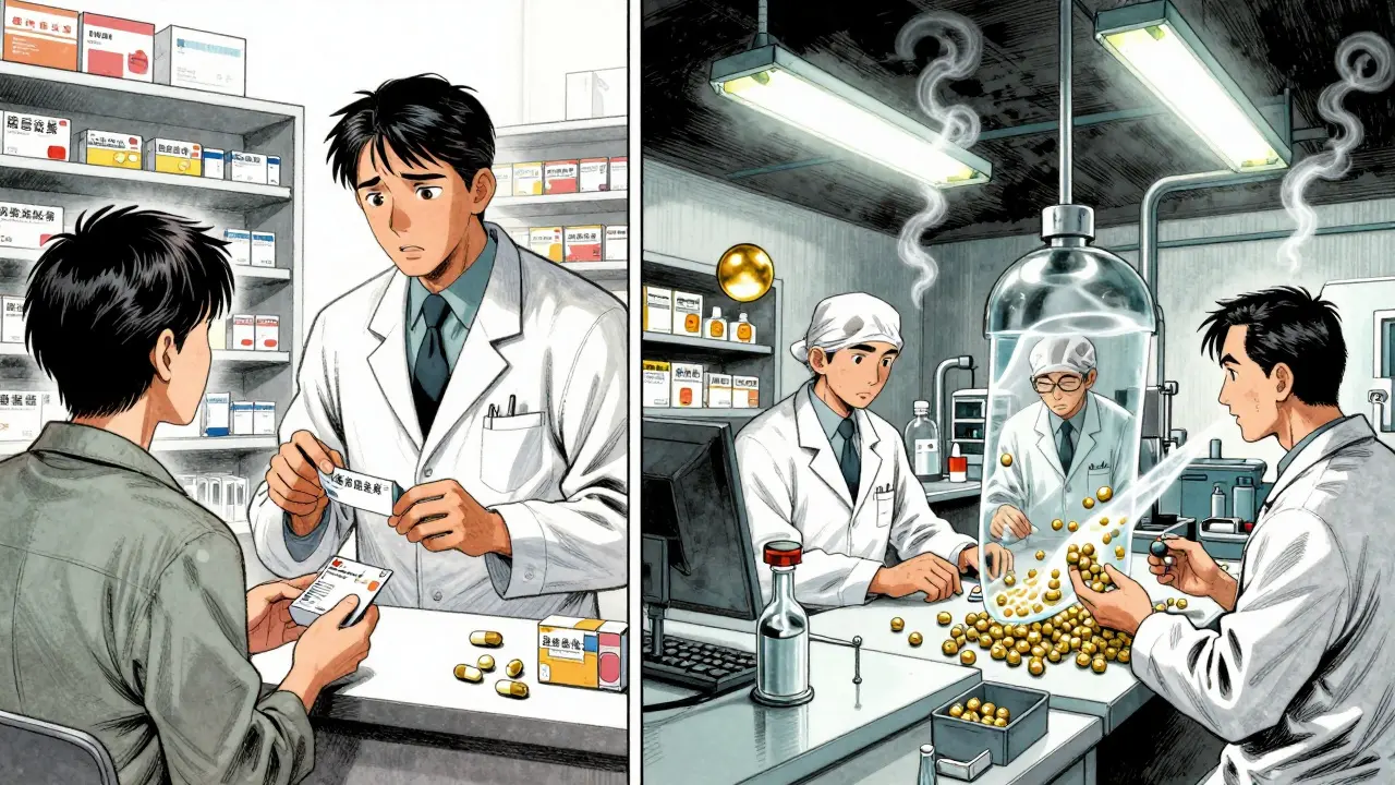 Pharmacist giving generic drug to patient while hidden factory shows manufacturing differences, stylized in manhua