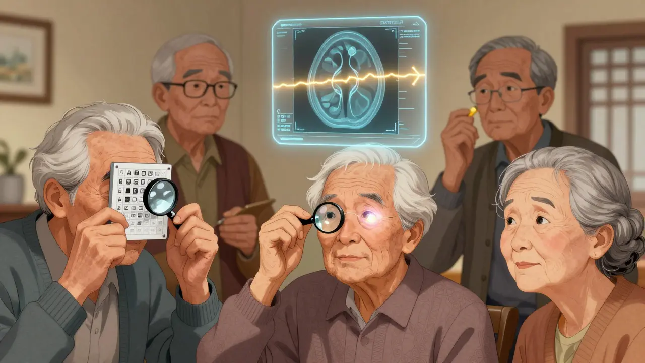 Seniors using monitoring tools and supplements for AMD, with a subtle AI scan detecting retinal changes.