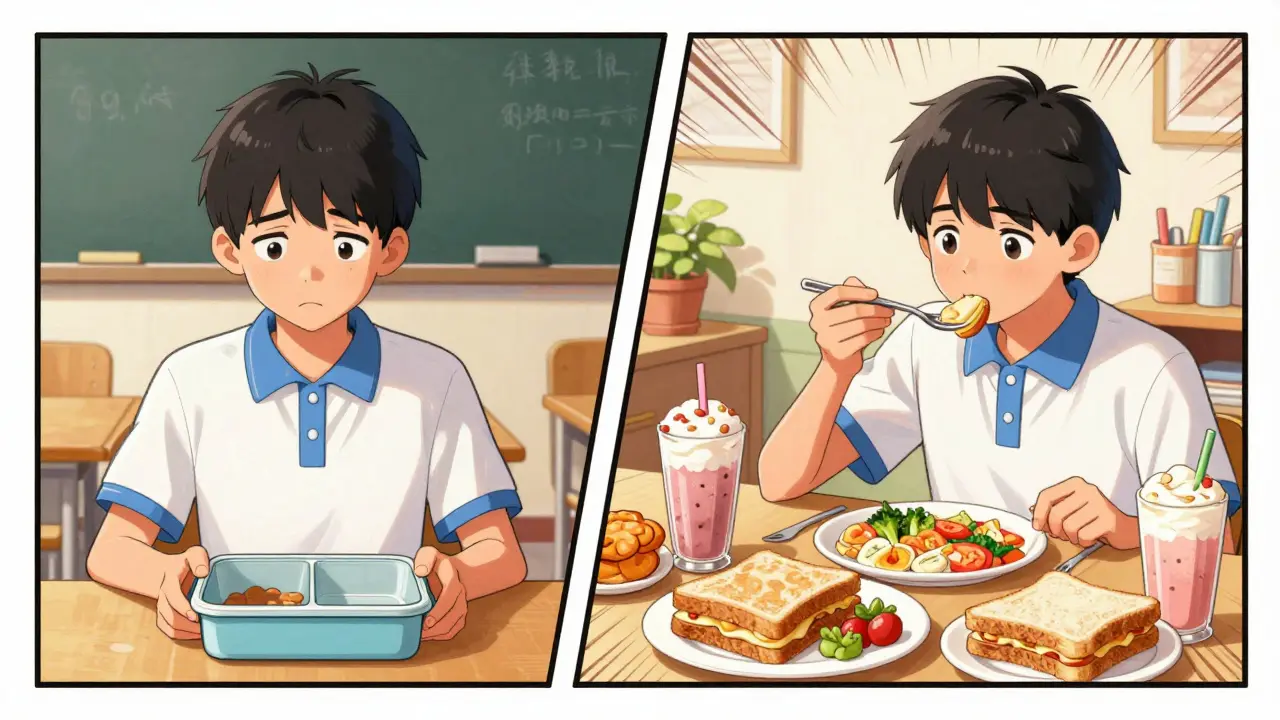 Teen with empty lunchbox at school and eating a big meal at home.