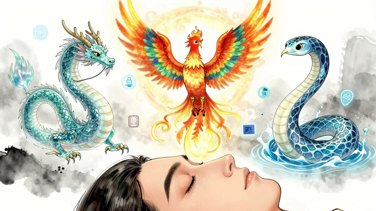 Three mythical spirits representing OCT, fundus photo, and OCTA hover above an eye, symbolizing modern retinal imaging technologies.