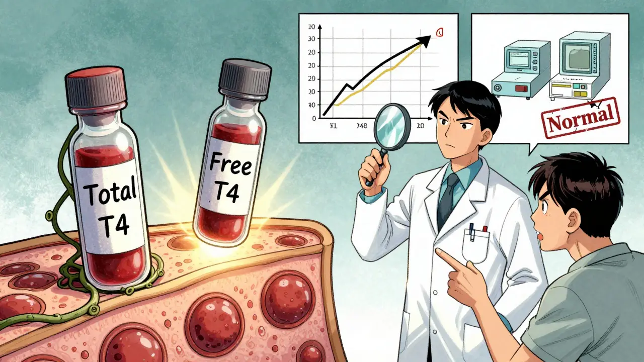 Two blood vials show bound vs. free T4, with conflicting lab results beside a frustrated patient, in Chinese manhua style.