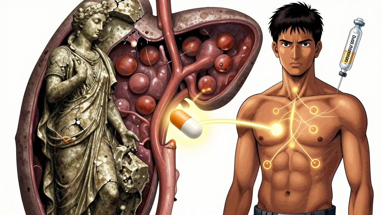 A crumbling pancreas next to a lean man, with medical treatments glowing nearby as lifelines for insulin resistance.
