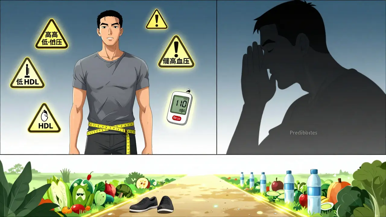 A man with waist measurement at 94 cm surrounded by metabolic syndrome warning signs, with healthy lifestyle choices leading to a bright future.