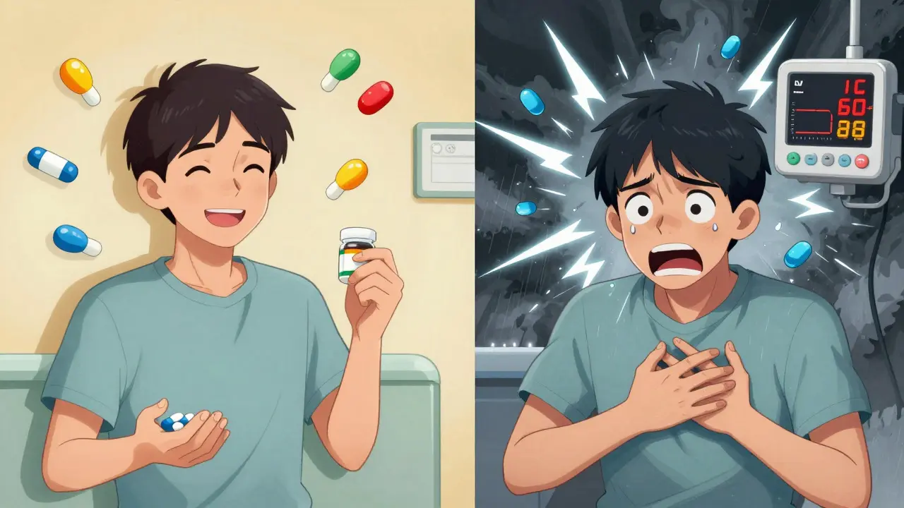 A patient experiences serotonin syndrome: one panel shows calm, the other shows violent medical emergency.