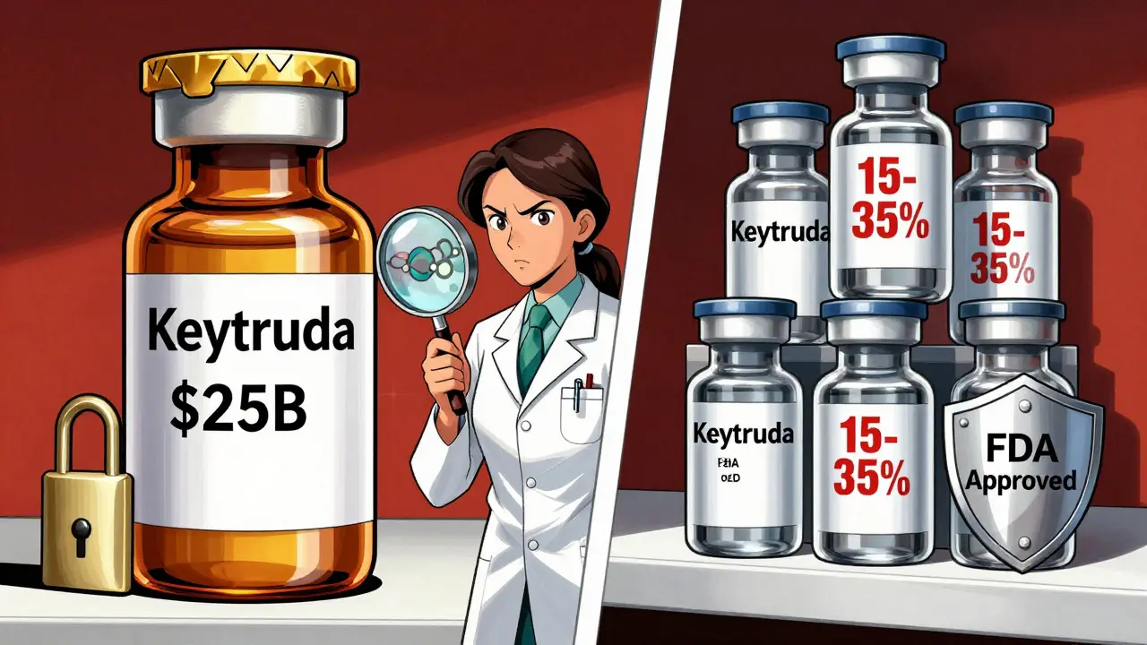 A pharmacy shelf contrasts expensive biologic with affordable biosimilars under FDA approval.