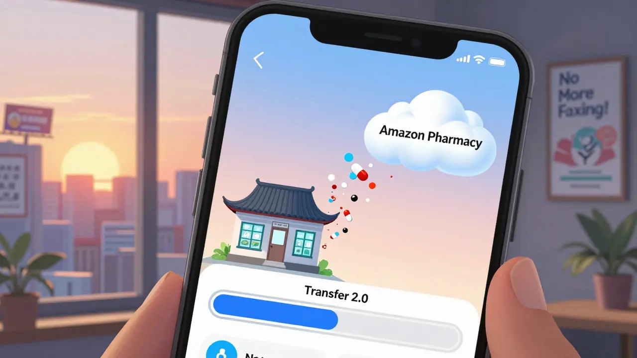 A smartphone screen shows a digital prescription transfer progressing from a traditional pharmacy to Amazon Pharmacy.