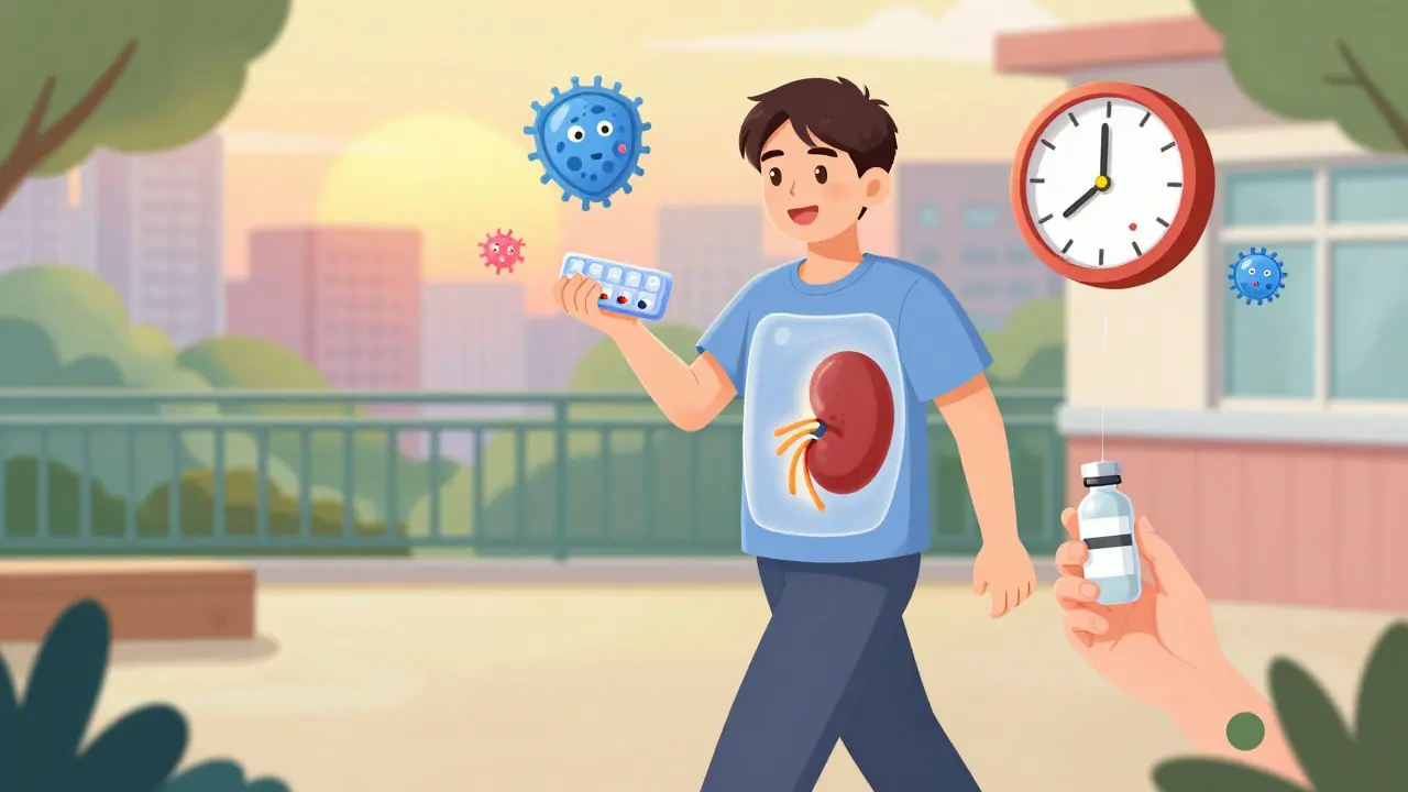 A transplant recipient walks with a pill organizer, symbolizing lifelong care and renewal.