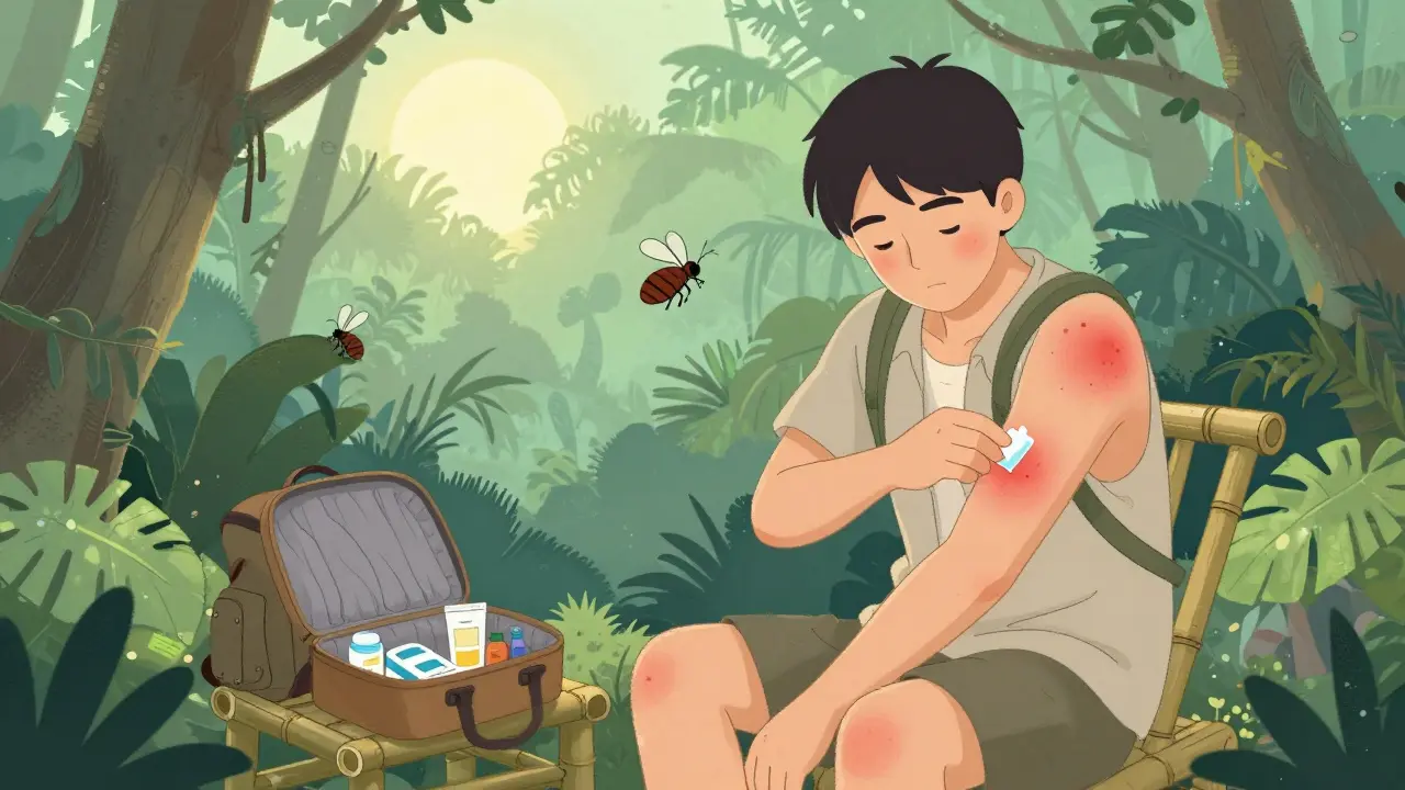 A traveler applying hydrocortisone cream to an insect bite in a tropical jungle setting.